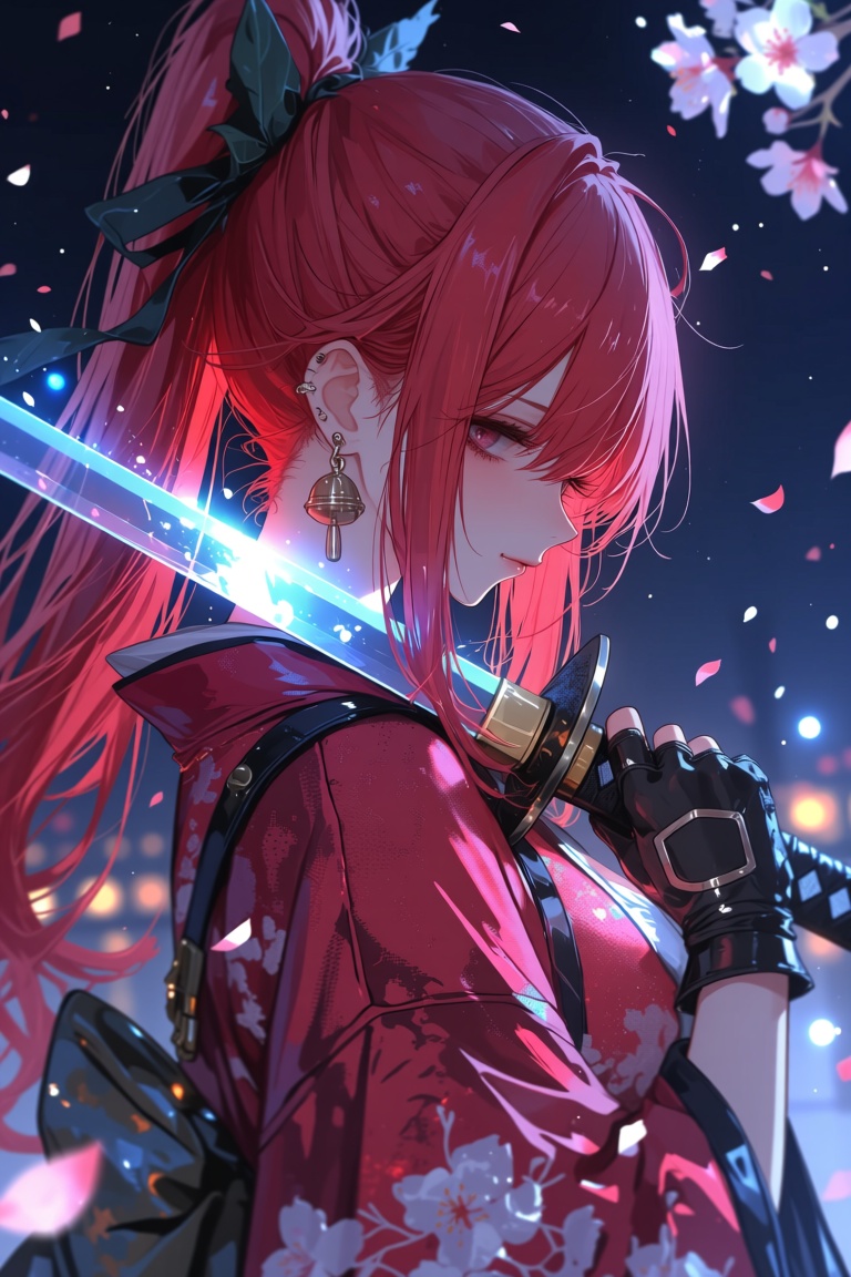 748cmstyle,  A beautiful anime girl with long,  flowing red hair tied in a high ponytail adorned with a vibrant pink flowe...