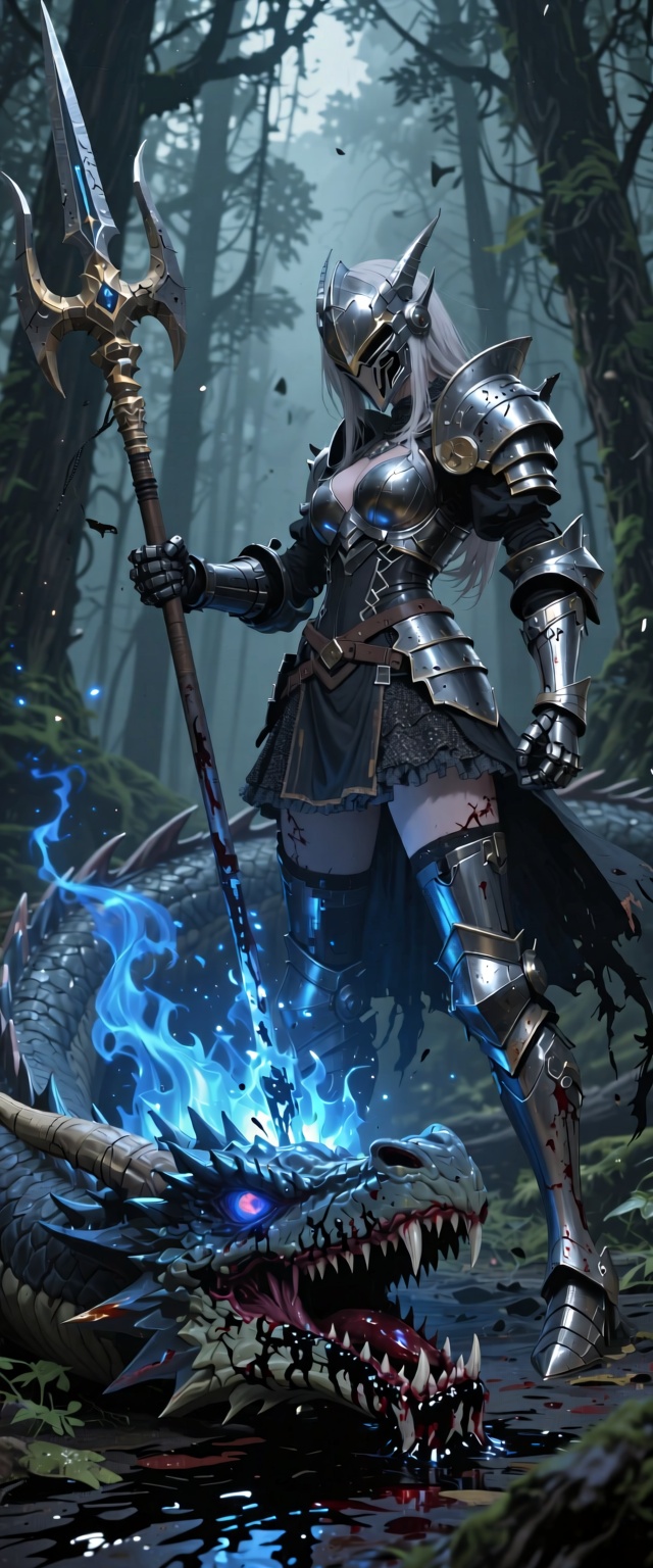 hyperrealistic,  Fate Grand Order - in a fantasy forest,  a woman in abandoned steel knight mecha heavy armor dress holdin...