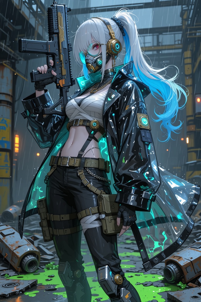 Highly realistic full body pin-up illustration of a tough and radiant cyber rebel female figure,  retro-futuristic style,...