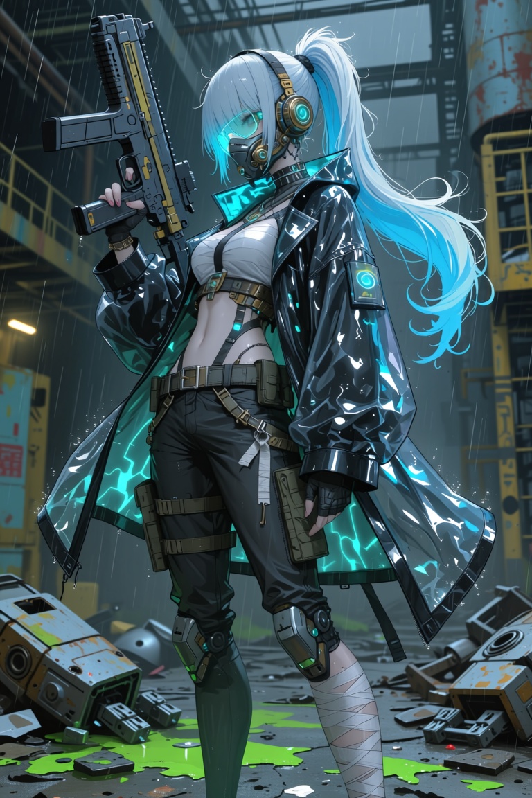 Highly realistic full body pin-up illustration of a tough and radiant cyber rebel female figure,  retro-futuristic style,...