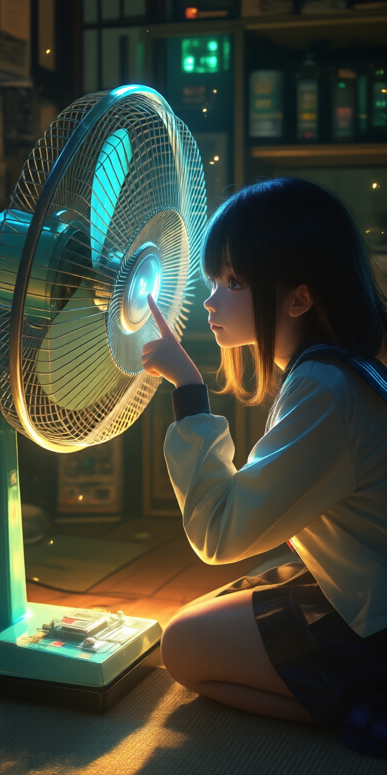 A girl sits facing a electric fan and points her finger,  dolly zoom,  the camera slowly zooms in and the girl slowly move...