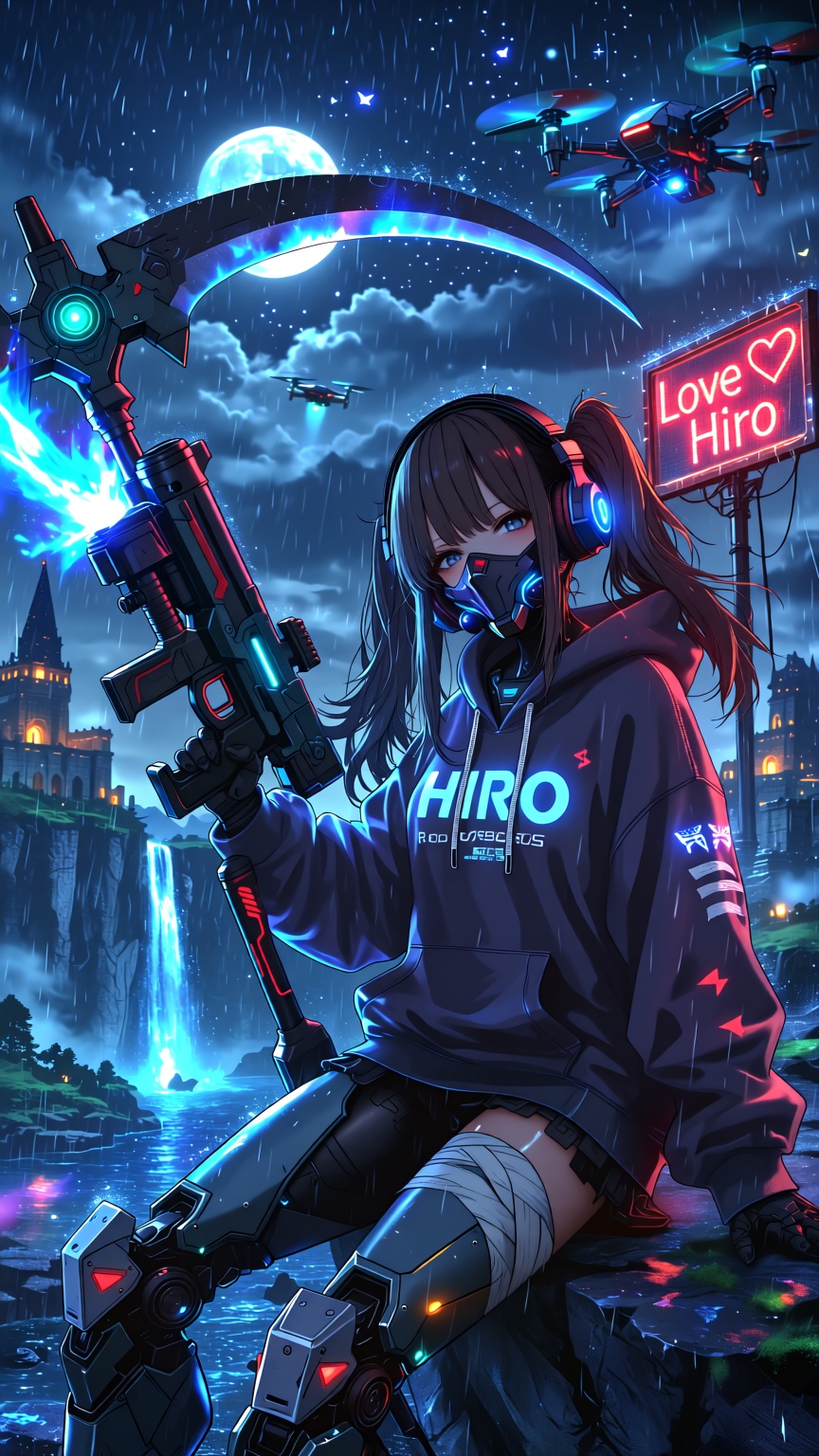 hyper realistic abandoned kingdom with cybergear and bioluminescence,  featuring a Mecha cyborg girl with long hair tied i...