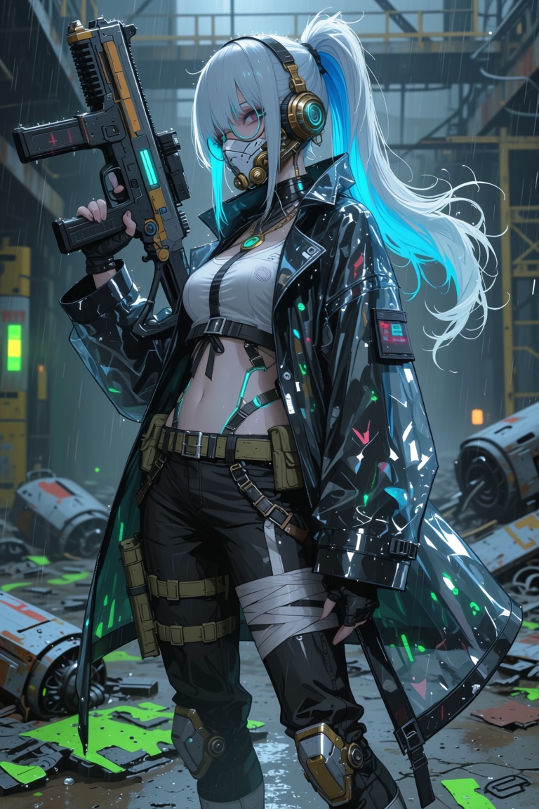 Highly realistic full body pin-up illustration of a tough and radiant cyber rebel female figure,  retro-futuristic style,...