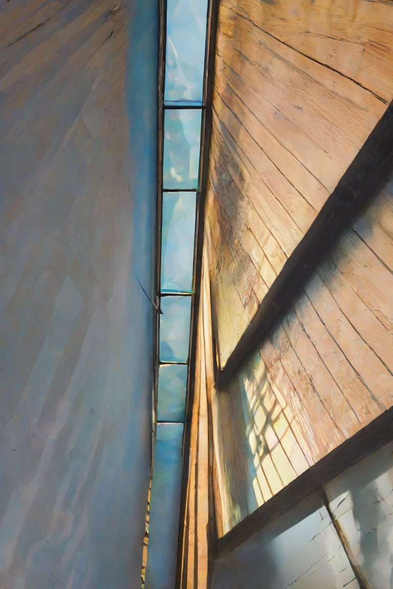 Light and shadow,  The image depicts a modern architectural interior with a striking play of light and shadow. Here are so...