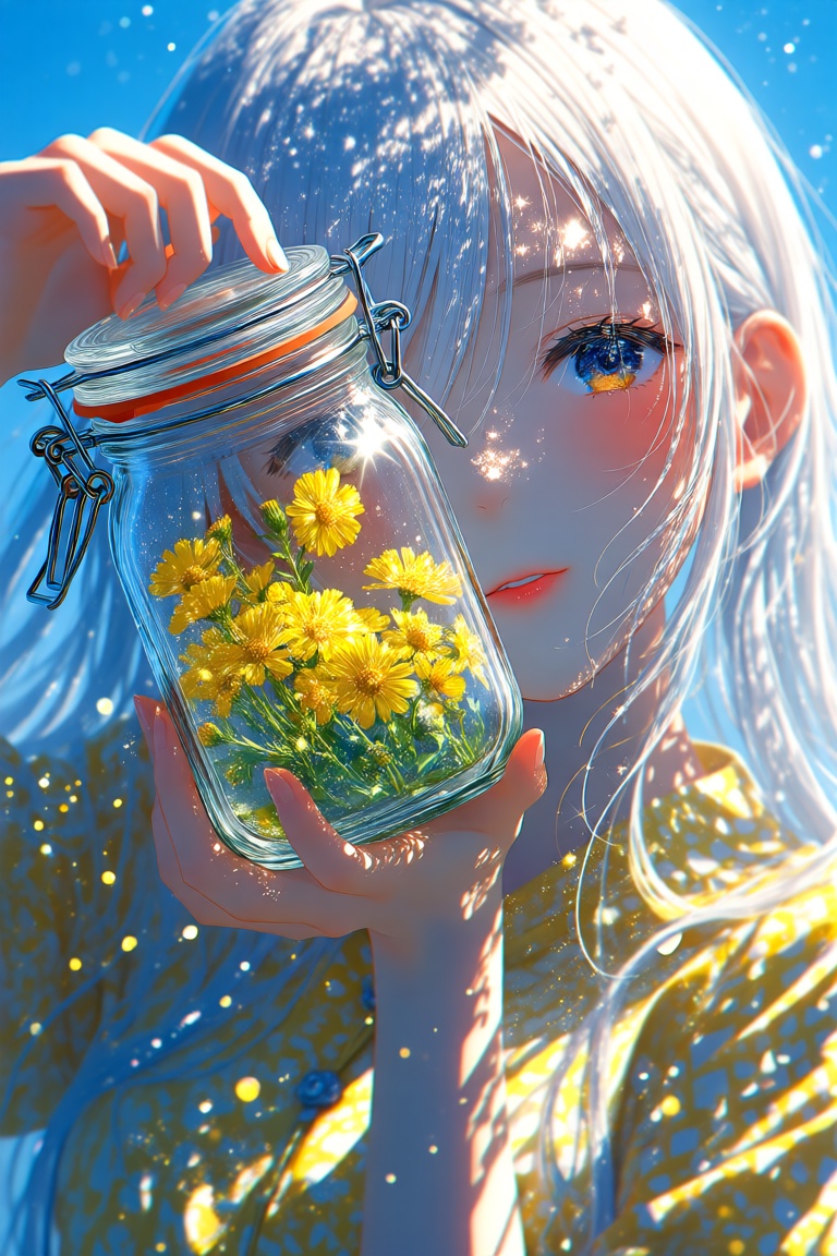 The image depicts a serene and artistic scene with a character holding a glass jar filled with yellow flowers. The jar is...