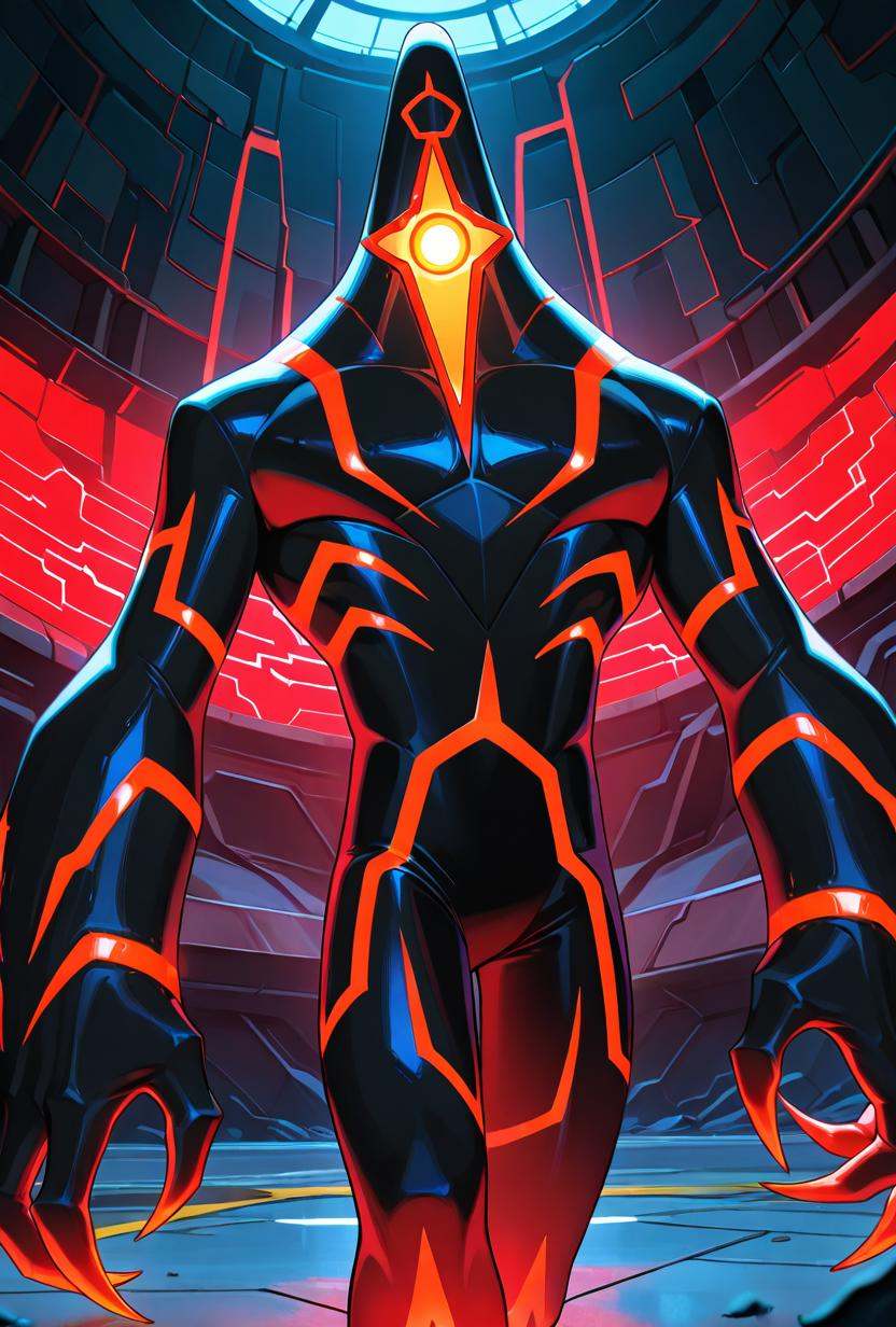 malwaremecha,  no humans,  glowing red stripes on Tensor.Art