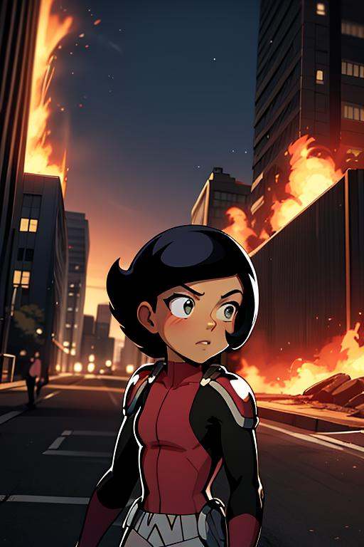 megan,  pink bodysuit,  fire background on Tensor.Art