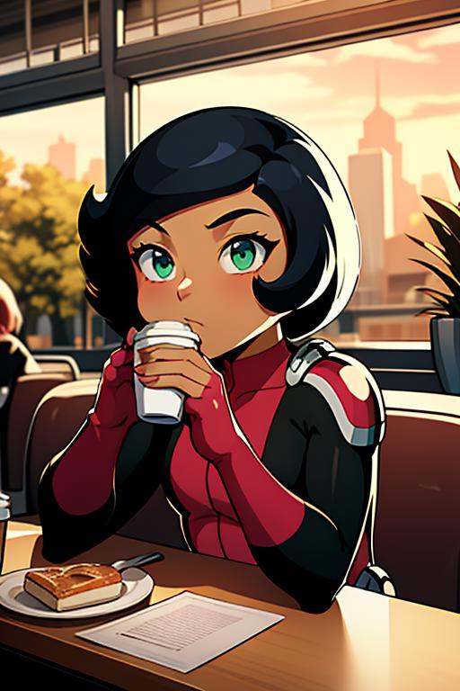 megan,  pink bodysuit,  sitting in cafe on Tensor.Art