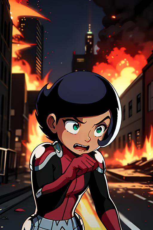 megan,  pink bodysuit,  fire background on Tensor.Art