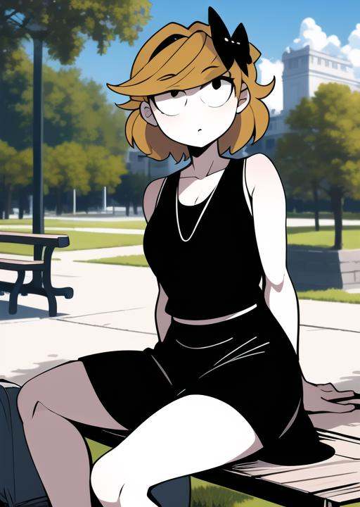 derpina,  detailed background,  sitting on bench on Tensor.Art