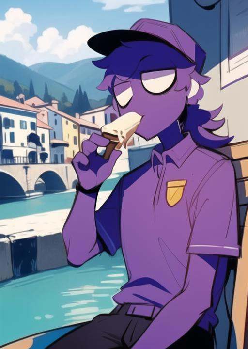 purpleguy,  sitting in italian Fondamenta,  eating ice cream on Tensor.Art