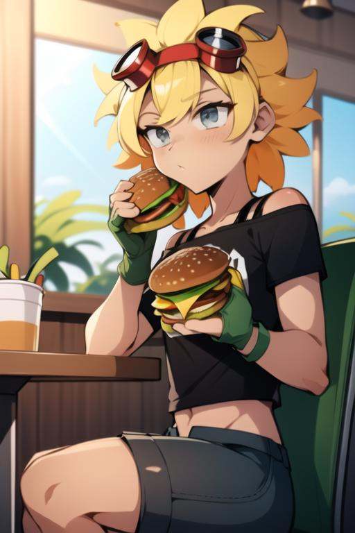 solarflare,  sitting in cafe,  eating burger on Tensor.Art