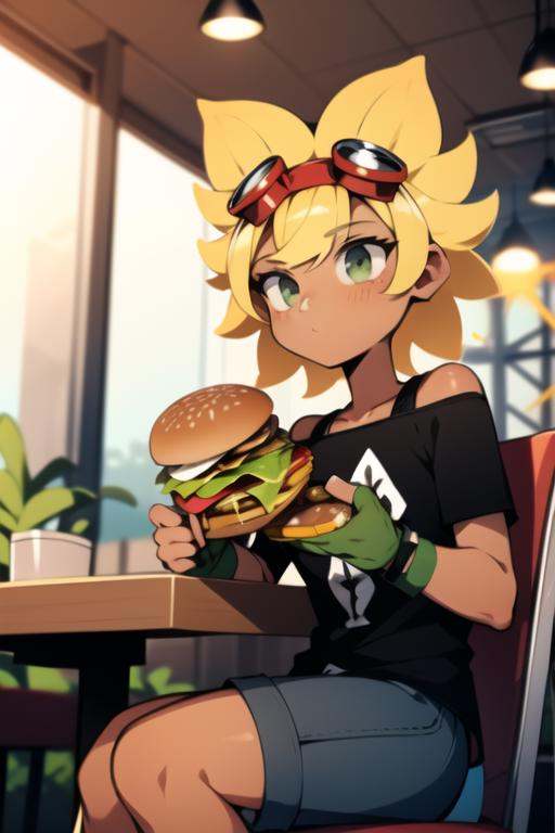solarflare,  sitting in cafe,  eating burger on Tensor.Art