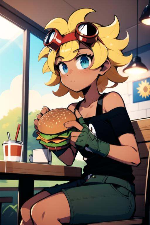 solarflare,  sitting in cafe,  eating burger on Tensor.Art