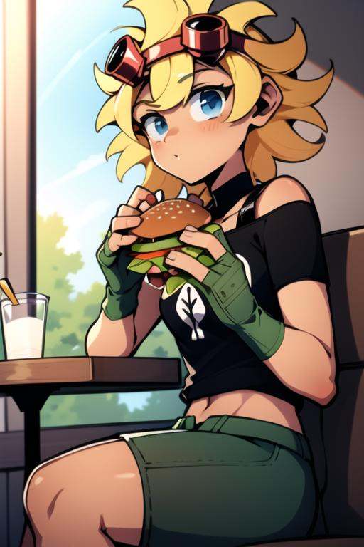 solarflare,  sitting in cafe,  eating burger on Tensor.Art