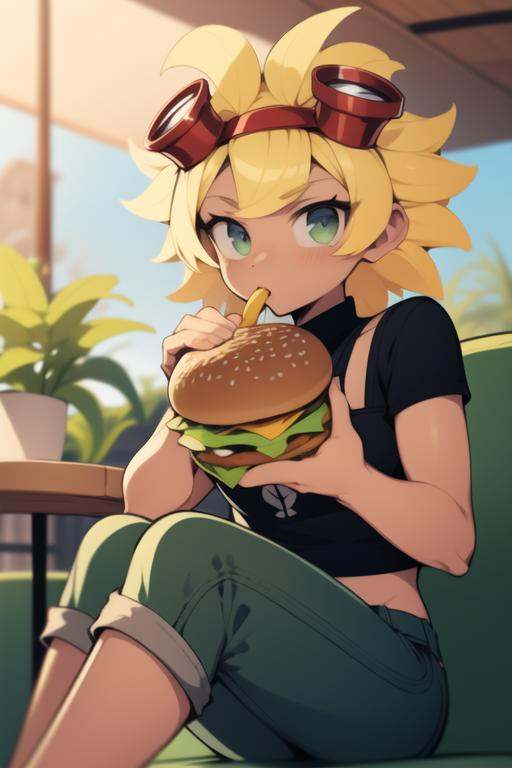 solarflare,  sitting in cafe,  eating burger on Tensor.Art