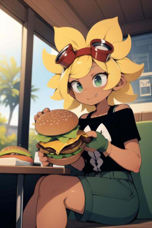solarflare,  sitting in cafe,  eating burger on Tensor.Art