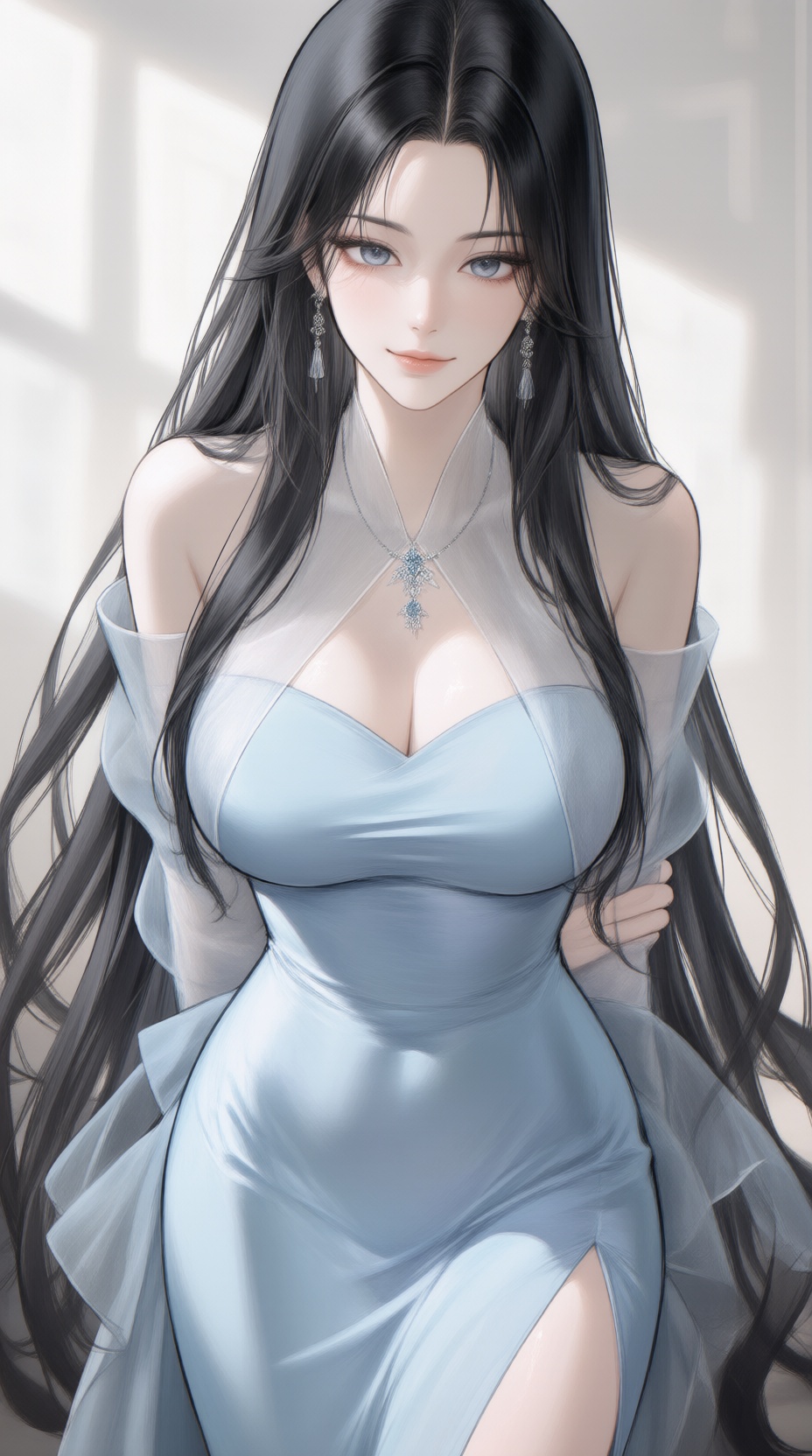 K-WEB,  The image depicts a stylized anime-style illustration of a woman with long,  dark hair. She is wearing a form-fitt...