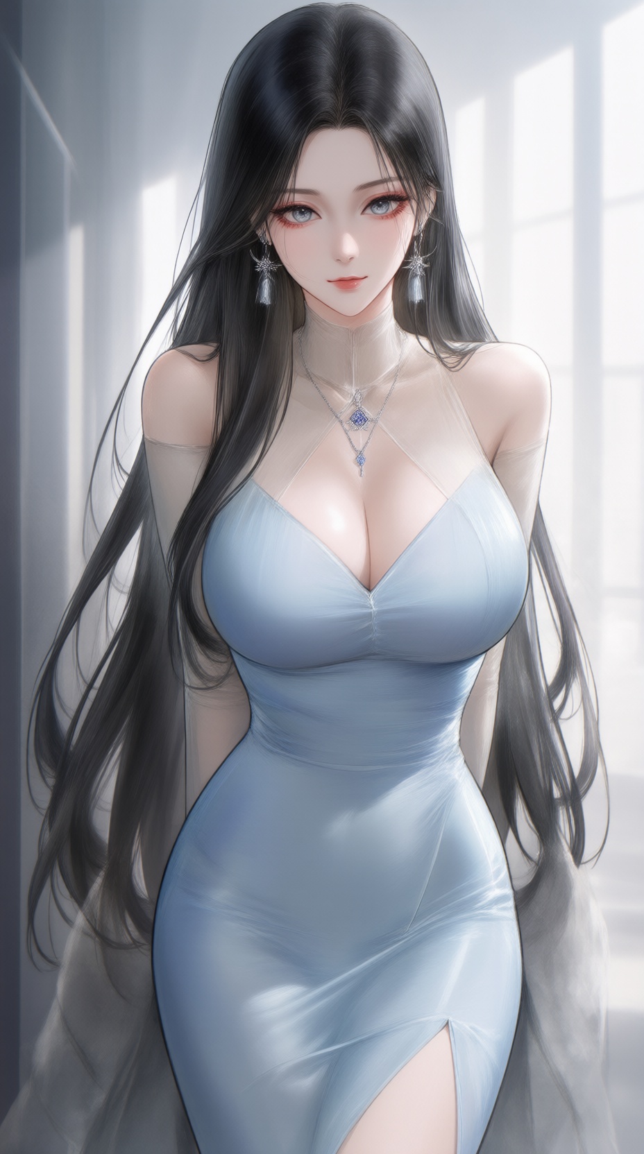 K-WEB,  The image depicts a stylized anime-style illustration of a woman with long,  dark hair. She is wearing a form-fitt...