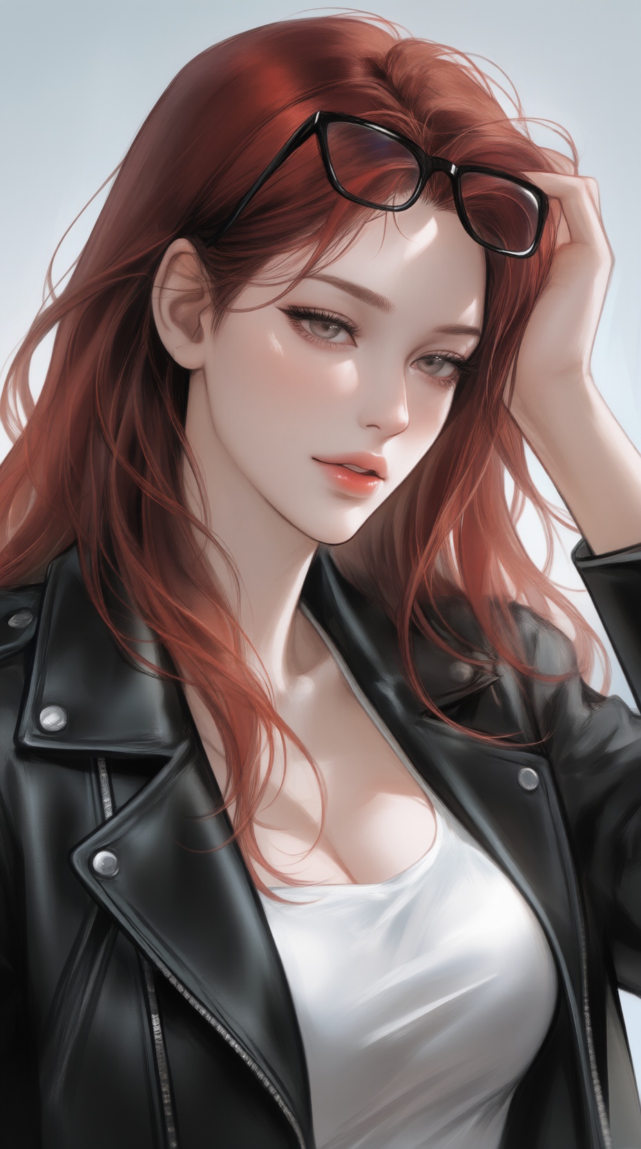 K-WEB,  The image depicts a K-WEB stylized illustration of a woman with long,  flowing red hair. The woman is wearing a bl...