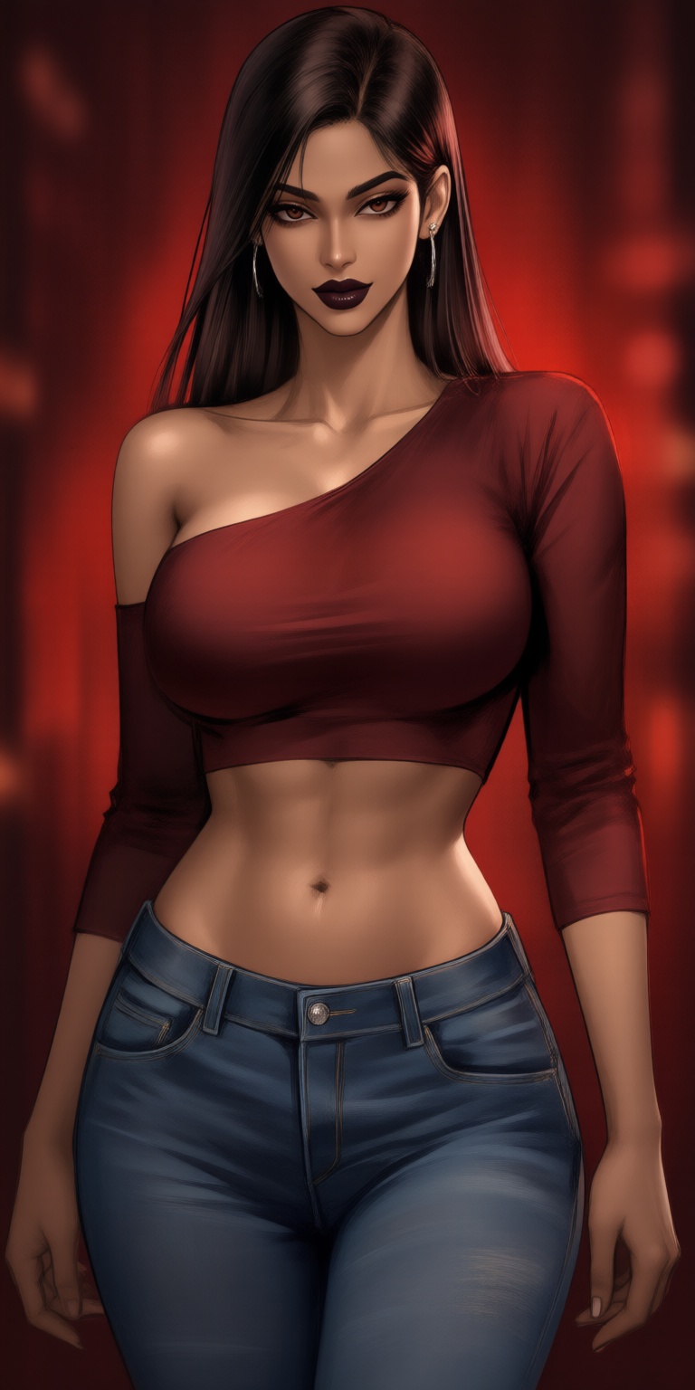 K-WEB,  Create a solo brown skinned indian aesthetic female character,  specifically a brown-skinned woman with a very lar...