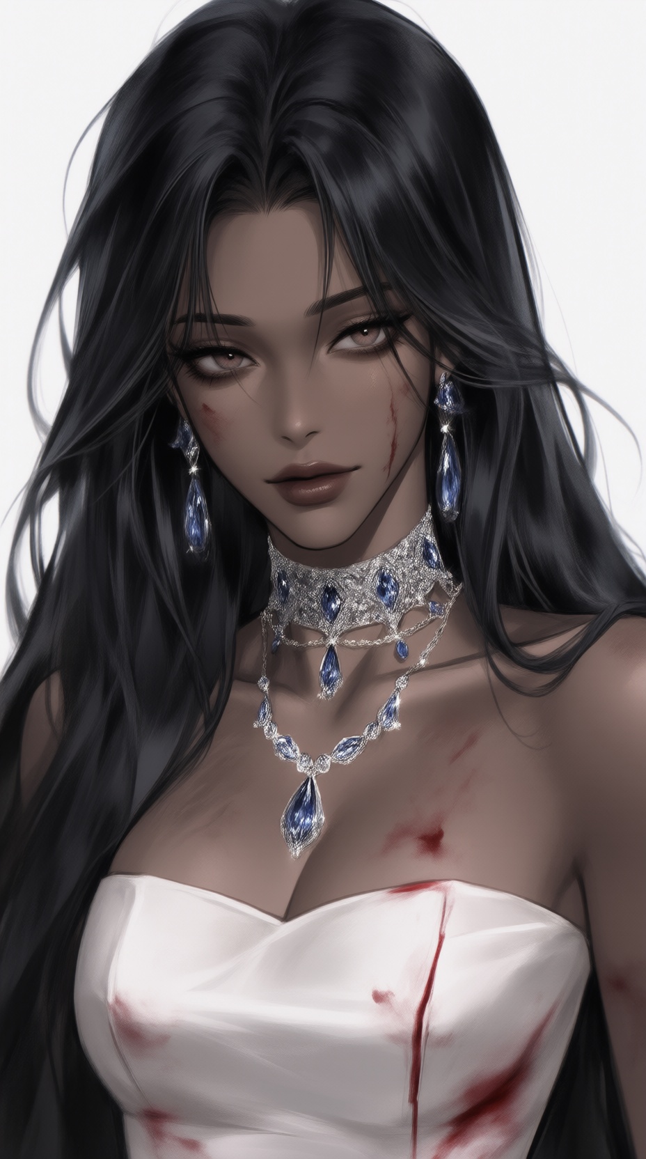 K-WEB,  The image depicts a K-WEB style illustration of a dark skinned woman with long,  flowing black hair. She is wearin...