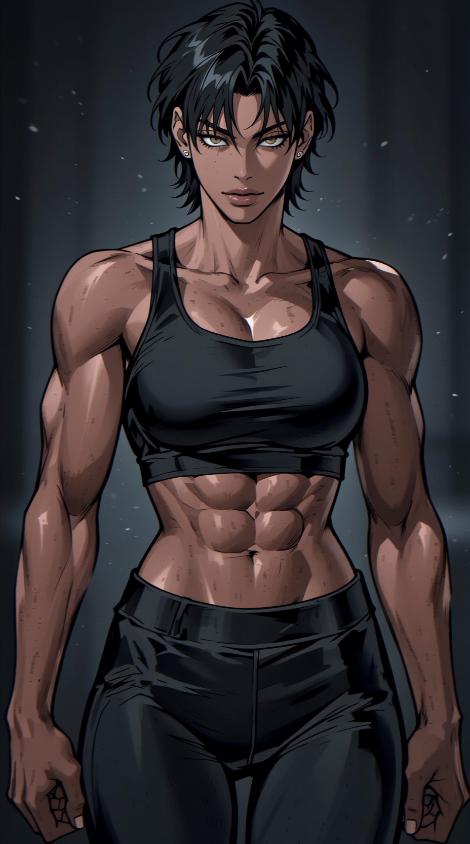K-WEB a dark skinned muscular female character with short black hair,  wearing a black crop top and black pants. She is st...