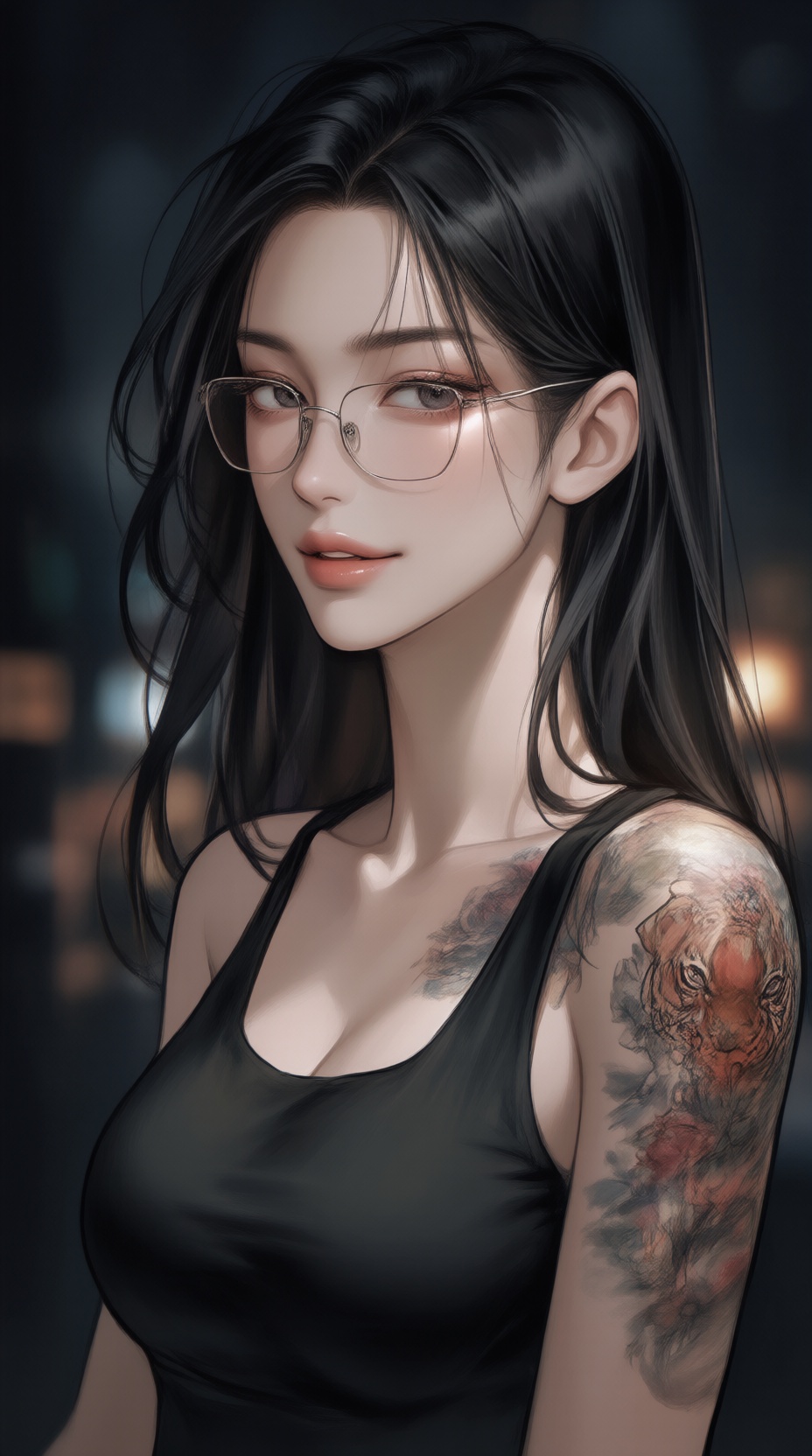 K-WEB,  TThe image depicts a K-WEB style illustration of a woman. She has long,  dark hair and is wearing glasses. Her exp...