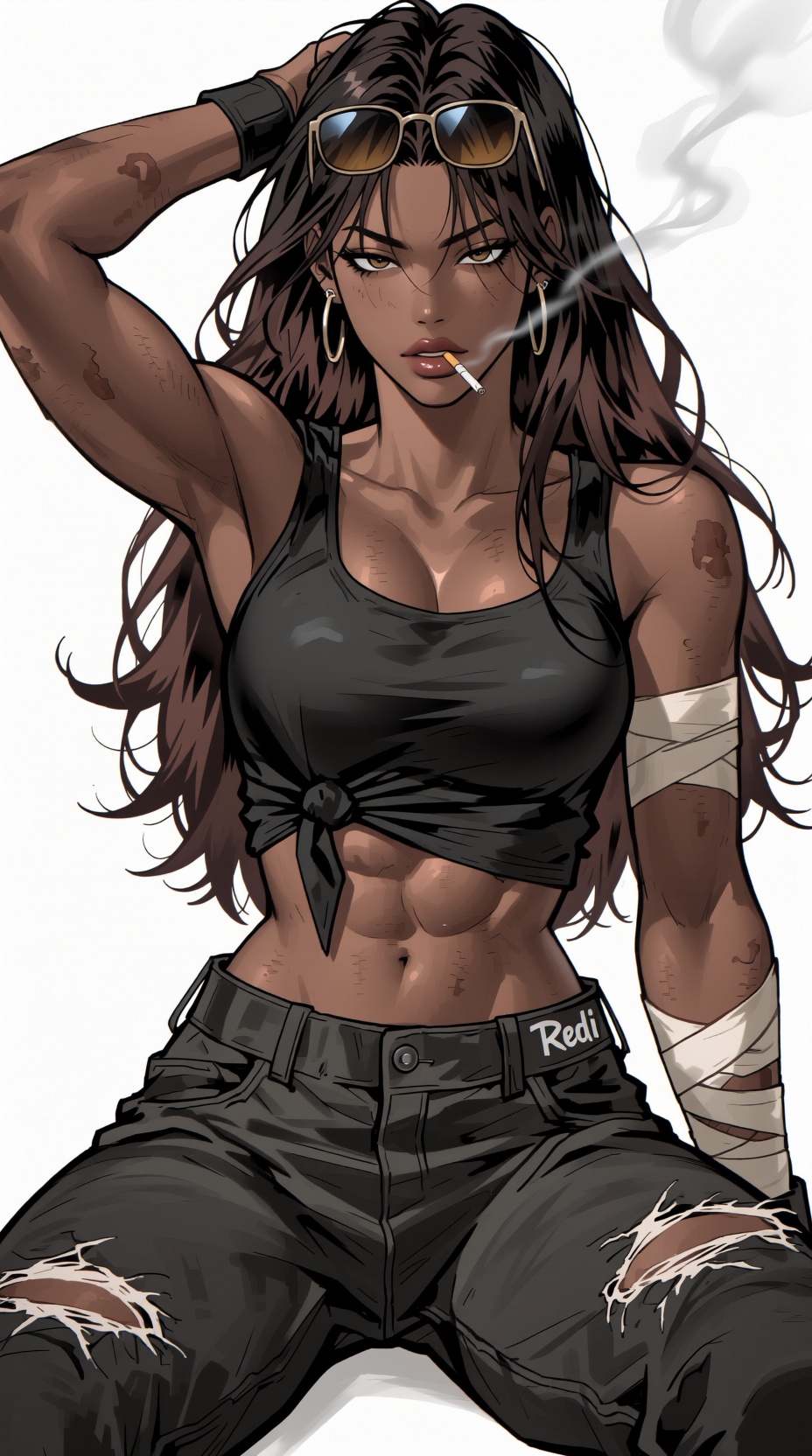 K-WEB a dark-skinned female with long,  flowing brown hair,  sits with her legs slightly apart on Tensor.Art