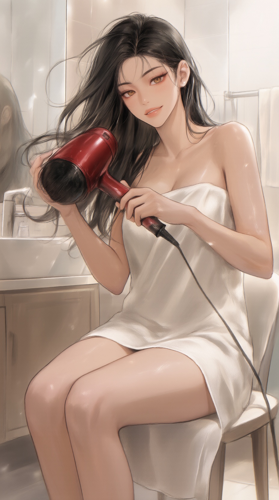 K-WEB,  The image depicts a woman sitting on a chair,  wrapped in a white towel on Tensor.Art