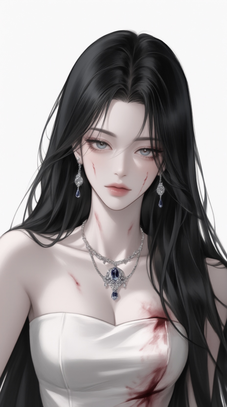 K-WEB,  The image depicts a K-WEB style illustration of a woman with long,  flowing black hair. She is wearing a strapless...