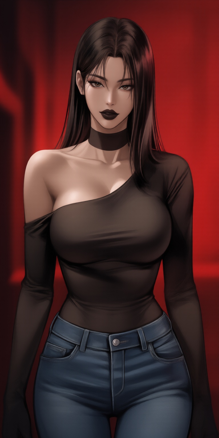 K-WEB,  Create a solo korean aesthetic female character,  specifically a dark-skinned woman with a very large chest. The c...
