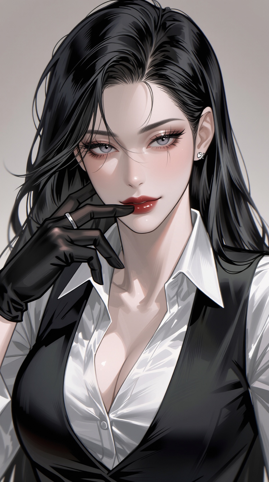 K-WEB,  The image depicts a K-WEB stylized illustation of a mature woman with long,  black hair. She has makeup on her fac...