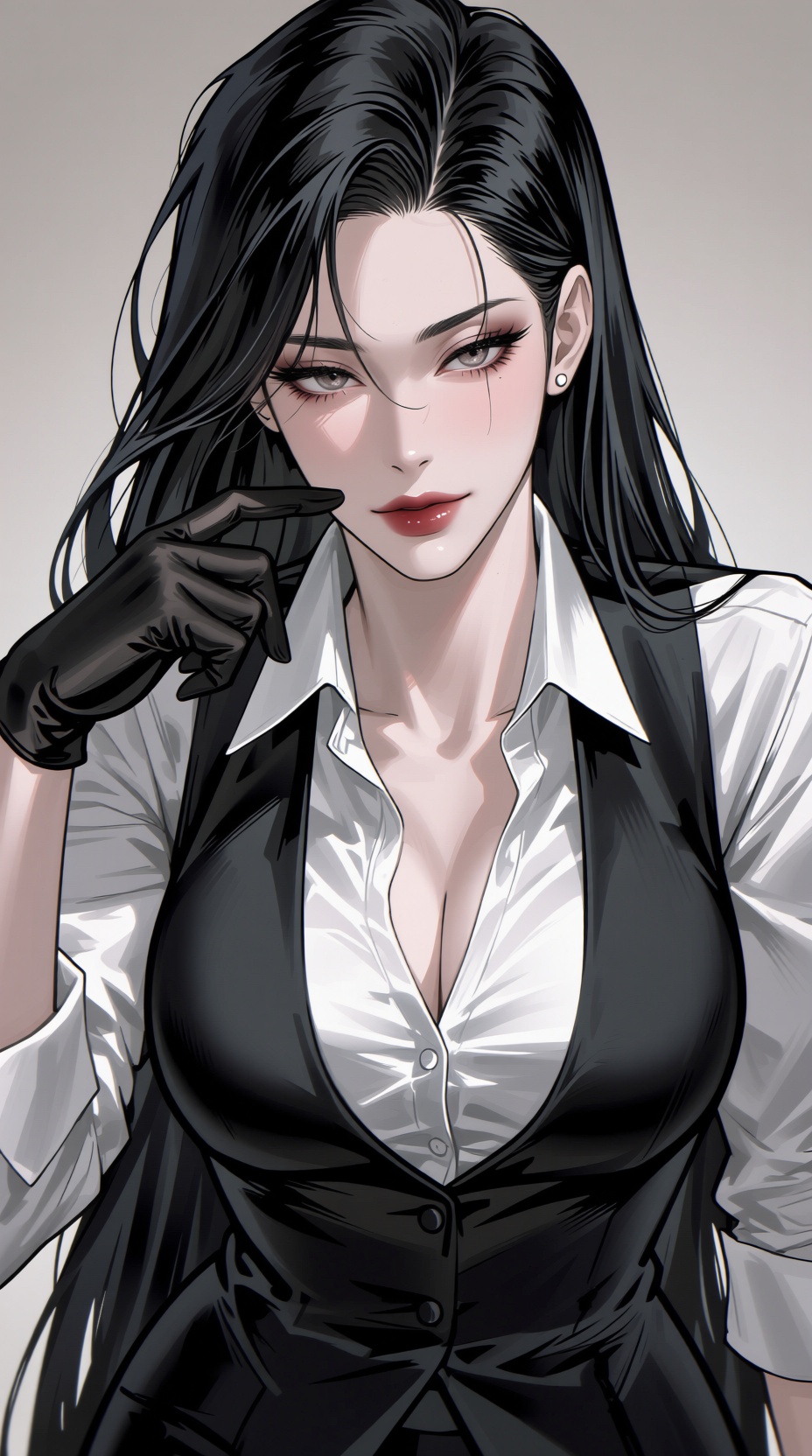 K-WEB,  The image depicts a K-WEB stylized illustation of a mature woman with long,  black hair. She has makeup on her fac...
