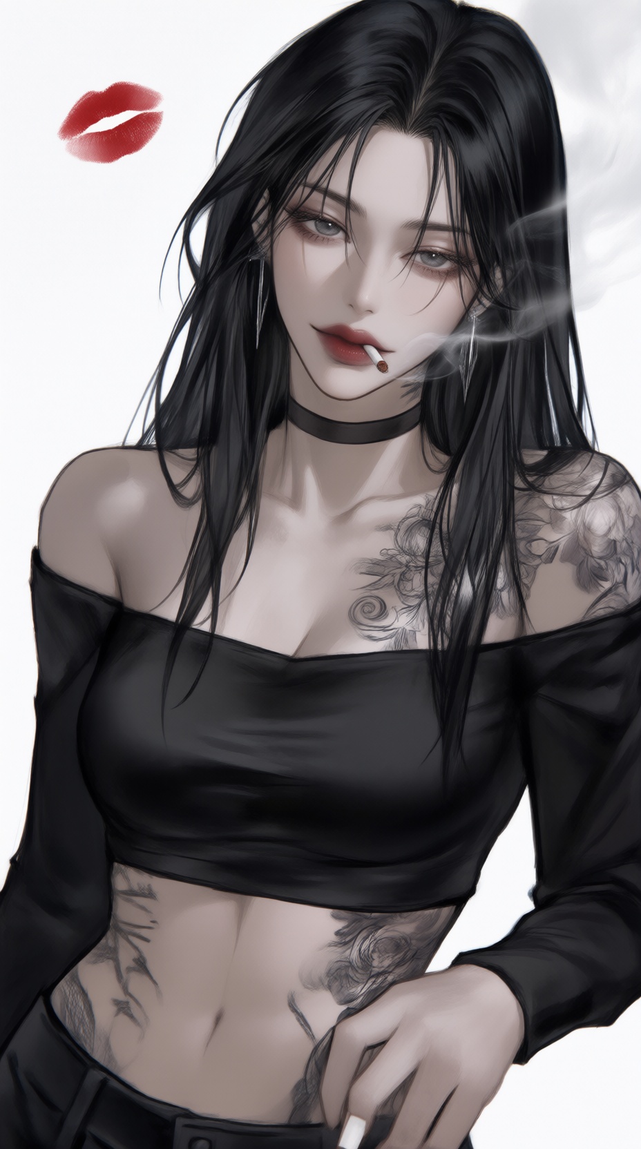 K-WEB,  The image depicts a K-WEB style illustration of a woman with long black hair and a black,  off-shoulder top. The c...