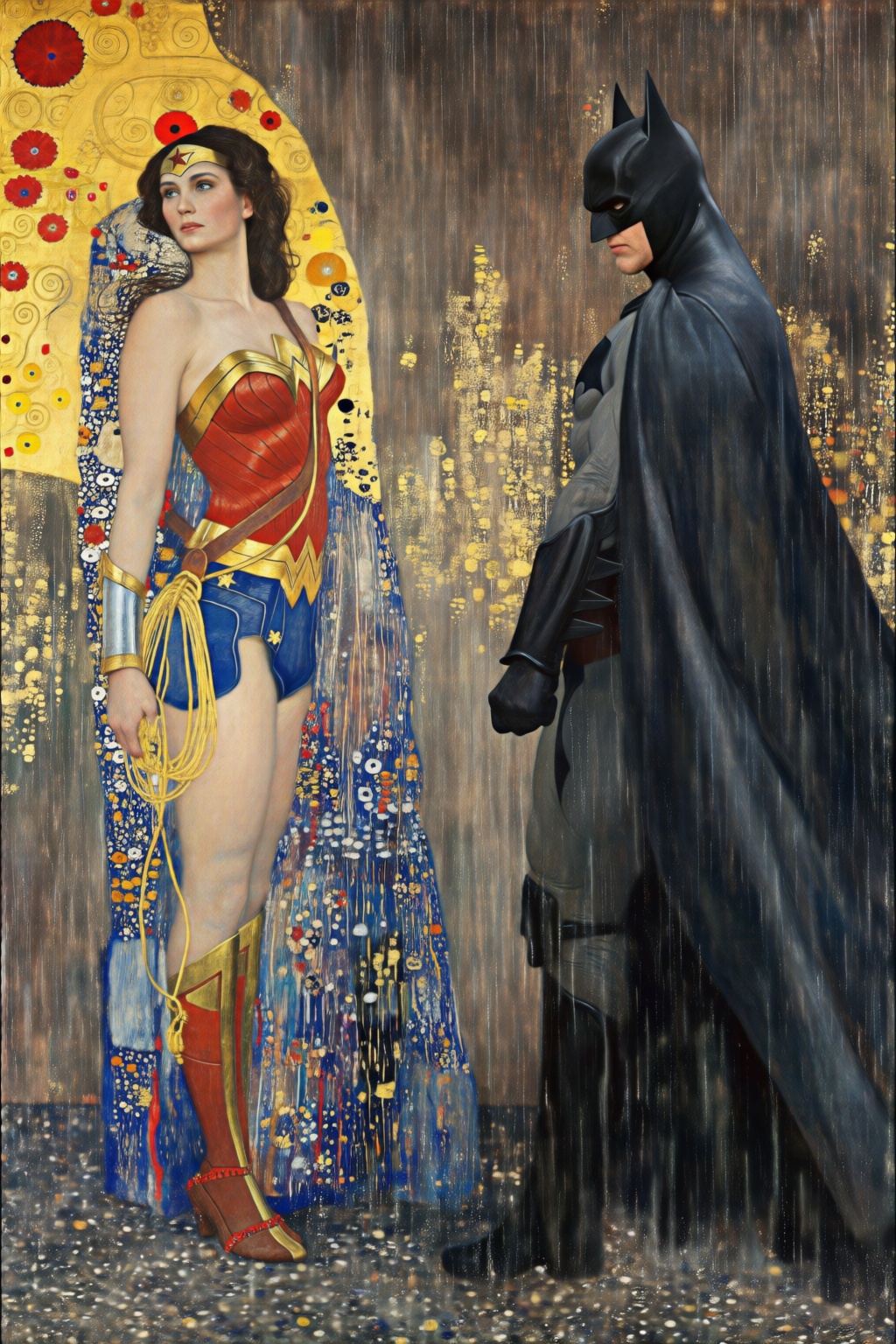 gustavklimt3q painting. gustavklimt3q painting. Wonder Woman and Batman Kissing in the rain on Tensor.Art