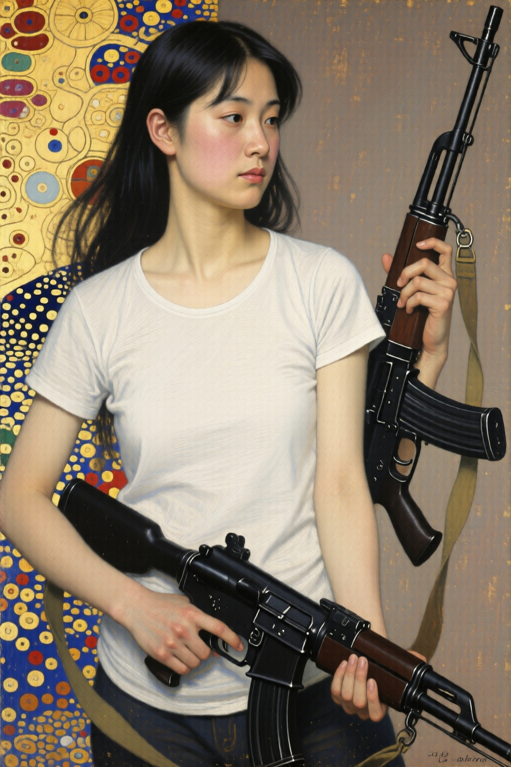 gustavklimt3q painting. 3/4 view of a young Japanese woman with dark,  long hair,  holding two black assault rifles. The p...