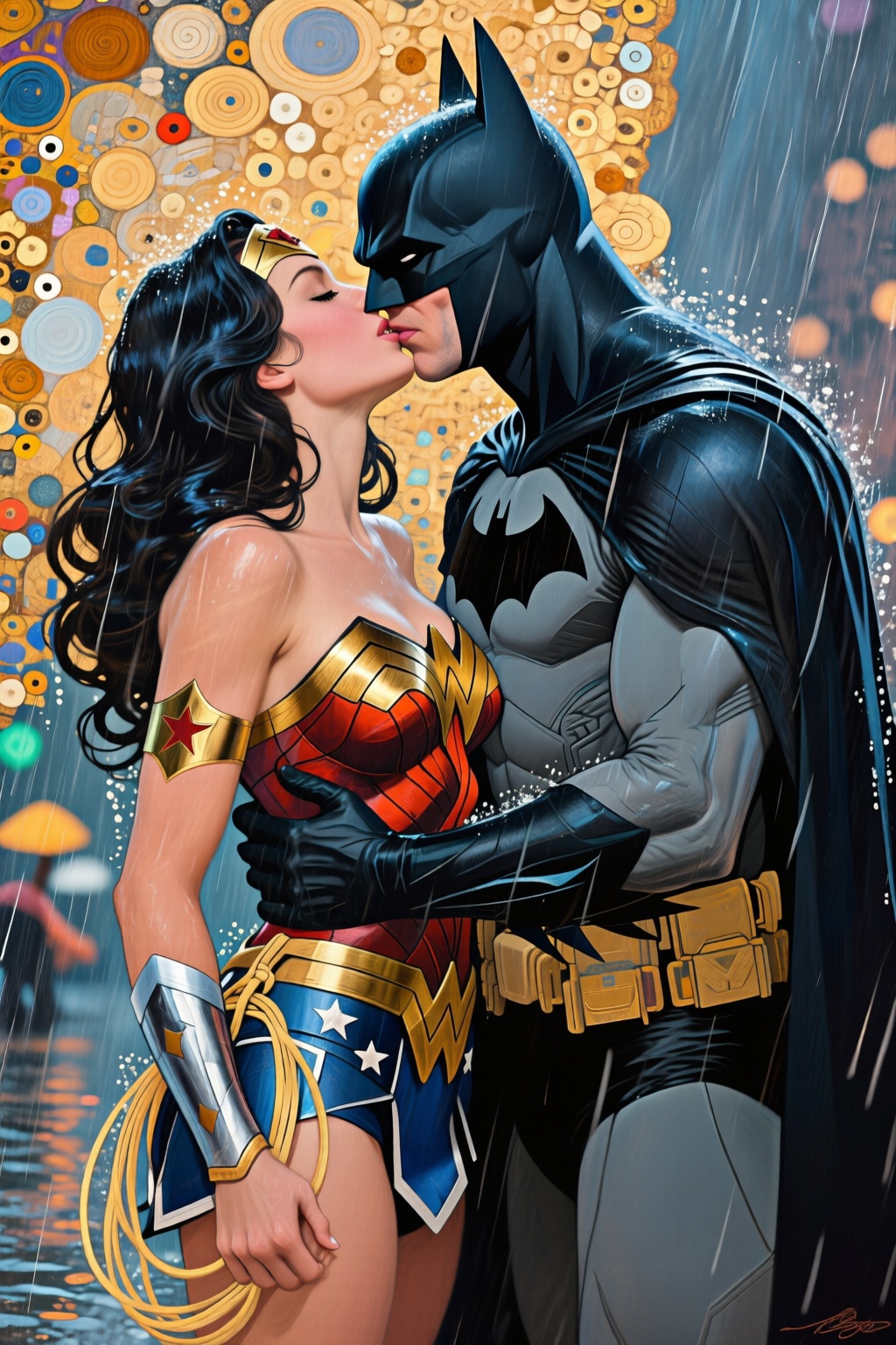 gustavklimt3q painting. Wonder Woman and Batman Kissing in the rain on Tensor.Art