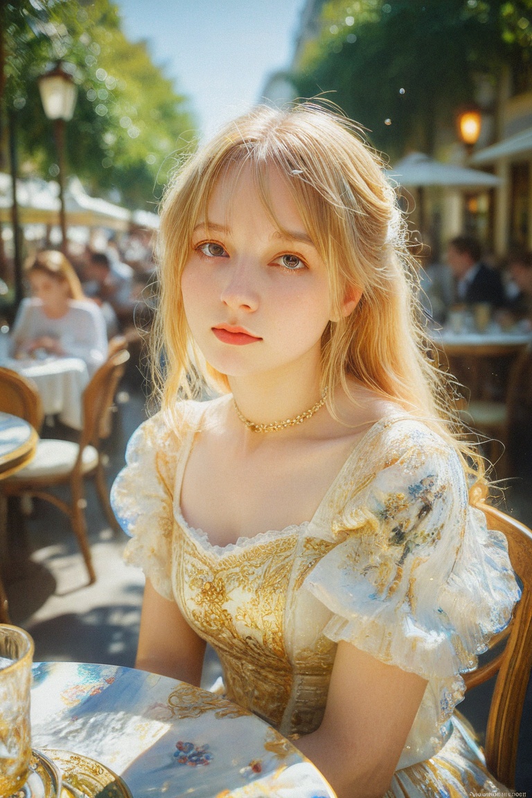 Elegantism,  opulent scene,  a beautiful girl sitting in a sunny European Cafe with tables outside golden summer light on...