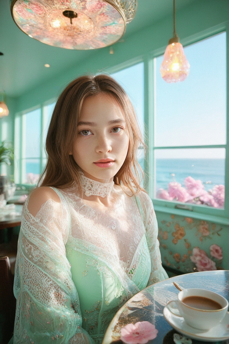 Hyper-Realistic photo of a beautiful girl sitting in a cafe,  20yo,  1girl on Tensor.Art