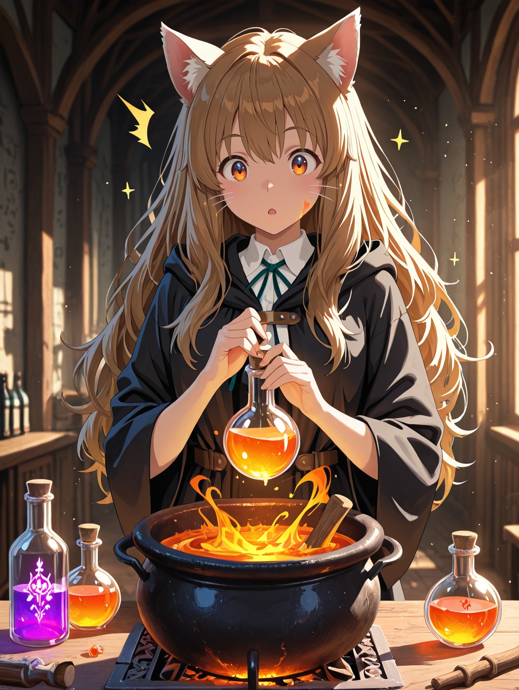 anime-style medium shot of a clever-looking high school witch girl resembling Hermione,  with bushy brown hair and amber e...