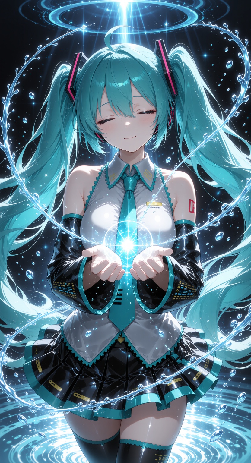 An ethereal anime-style girl with long teal twin-tails flowing gracefully in all directions,  standing in a radiant,  glow...