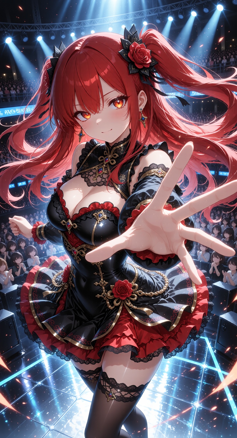 An anime-style scene of a confident red-haired idol girl performing on stage,  reaching out dramatically toward the audien...