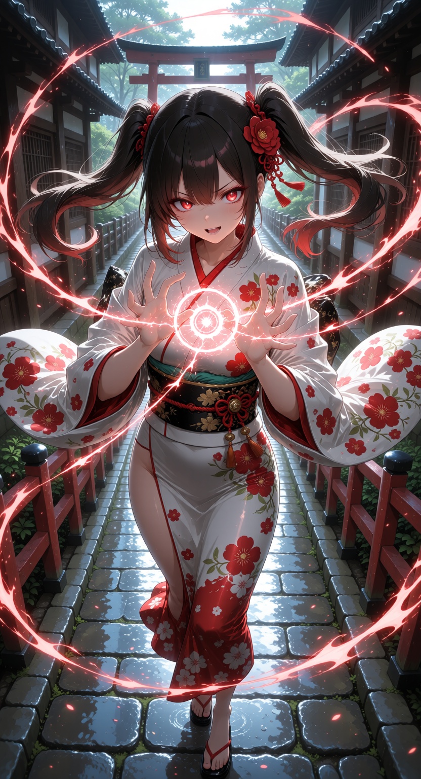 An anime-style girl with twin ponytails and glowing red eyes stands on a traditional stone pathway surrounded by wooden ra...