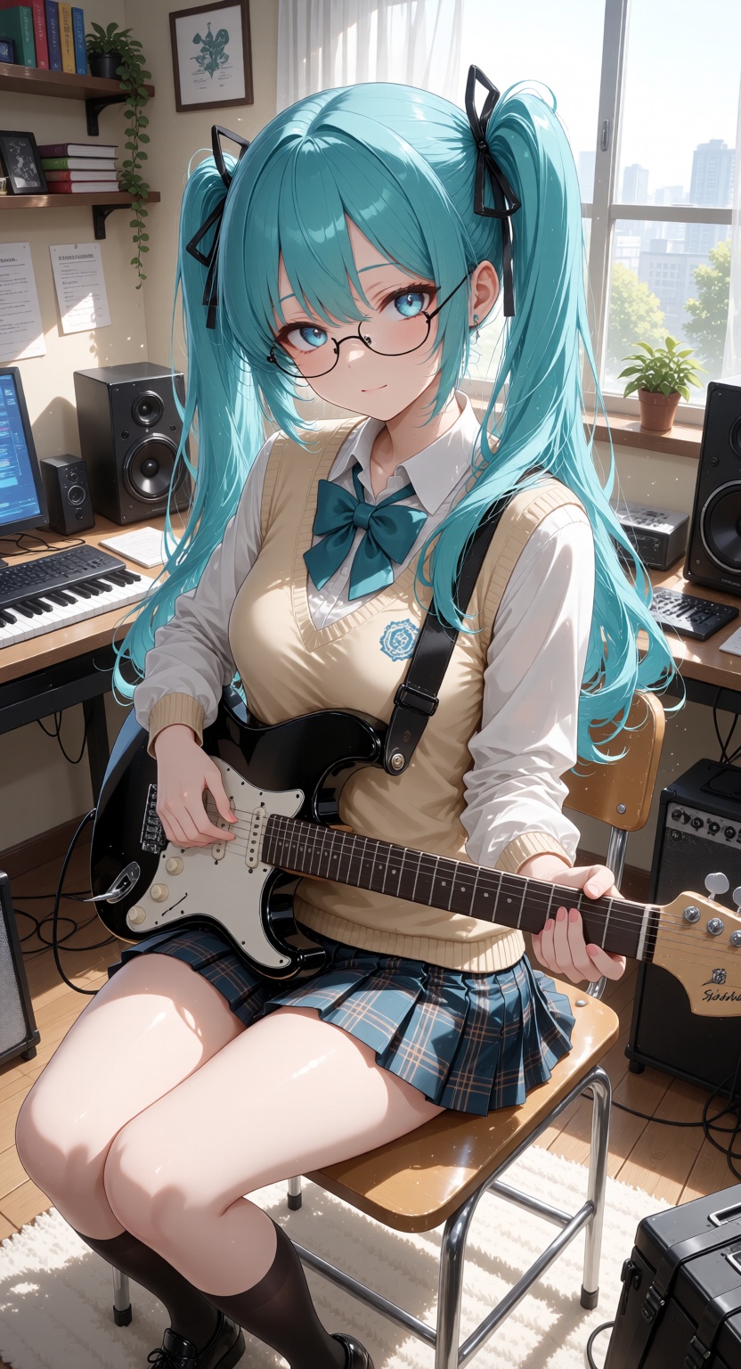 An anime-style girl with long blue hair tied in twin ponytails with dark ribbons,  sitting on a chair in a cozy sunlit roo...
