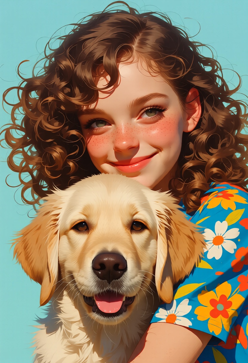 animaport of a woman with curly brown hair and a golden retriever puppy,  against a pale blue background,  vibrant and bri...