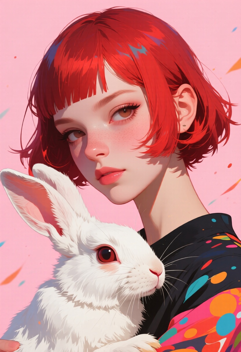 animaport of a woman with short red hair and a white rabbit,  against a soft pink background,  vibrant and bright on Tenso...