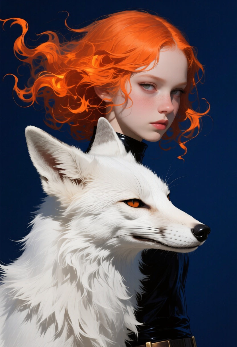 animaport of a woman with fiery orange hair and a sleek white fox,  set against a deep navy blue background,  mysterious a...