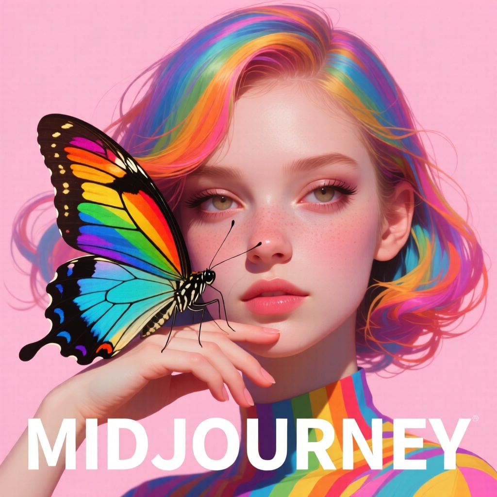 epic text that read "MIDJOURNEY" below her portrait,  animaport of a woman with wavy purple hair and a big rainbow colored...
