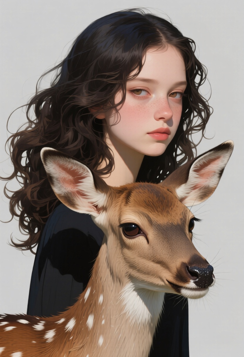 animaportrait of a woman with wavy dark hair and a gentle deer,  set against a light gray background,  peaceful and natura...